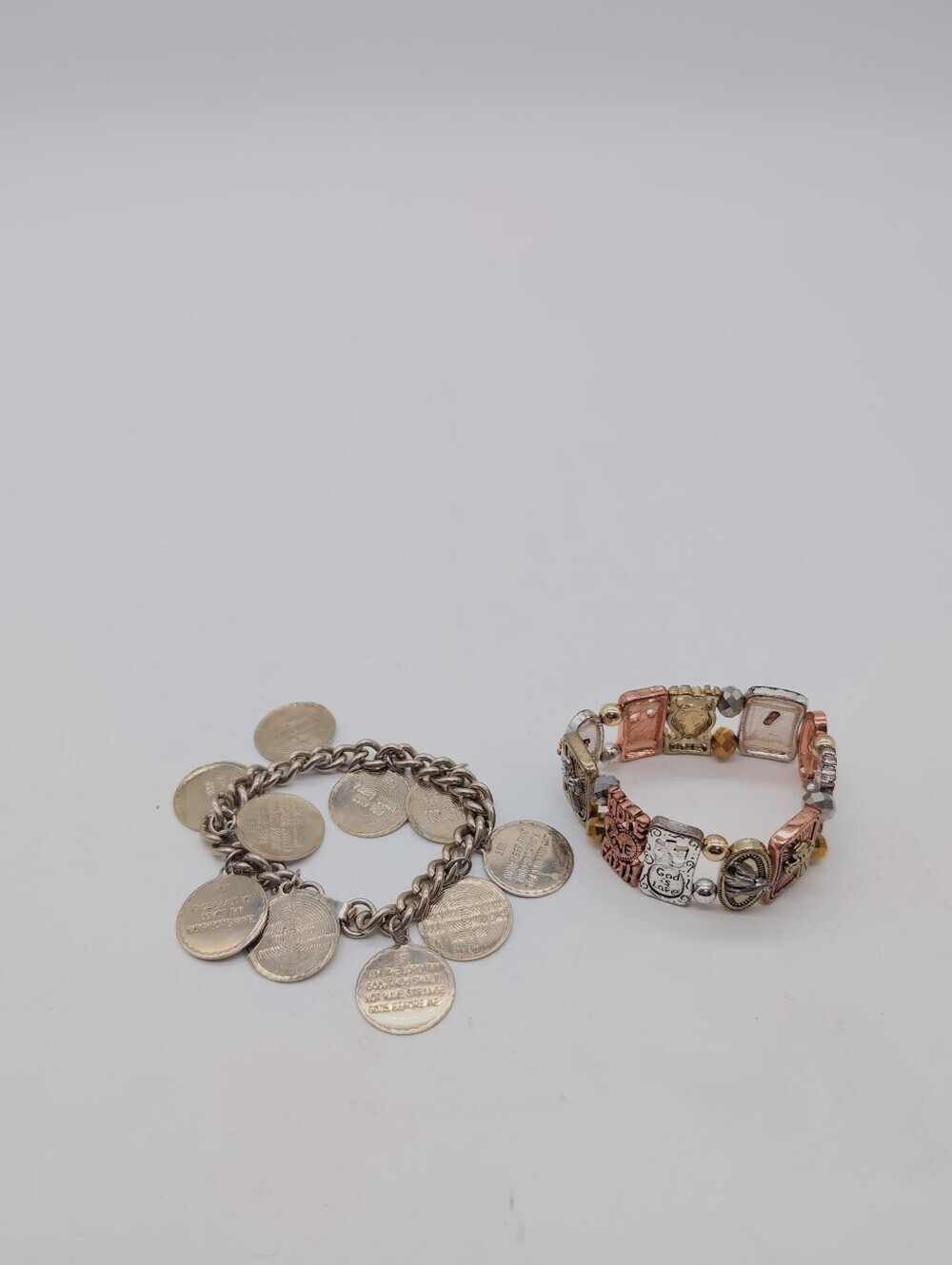 Mixed Metal Christian Charm and Ten Comandments Coin  Bracelet Set